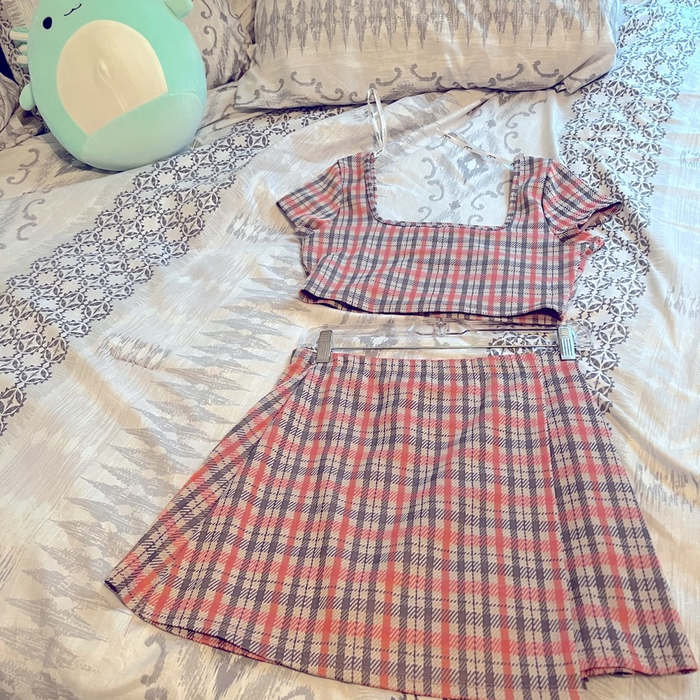 Pink plaid two piece, Medium, Skirt Top set.